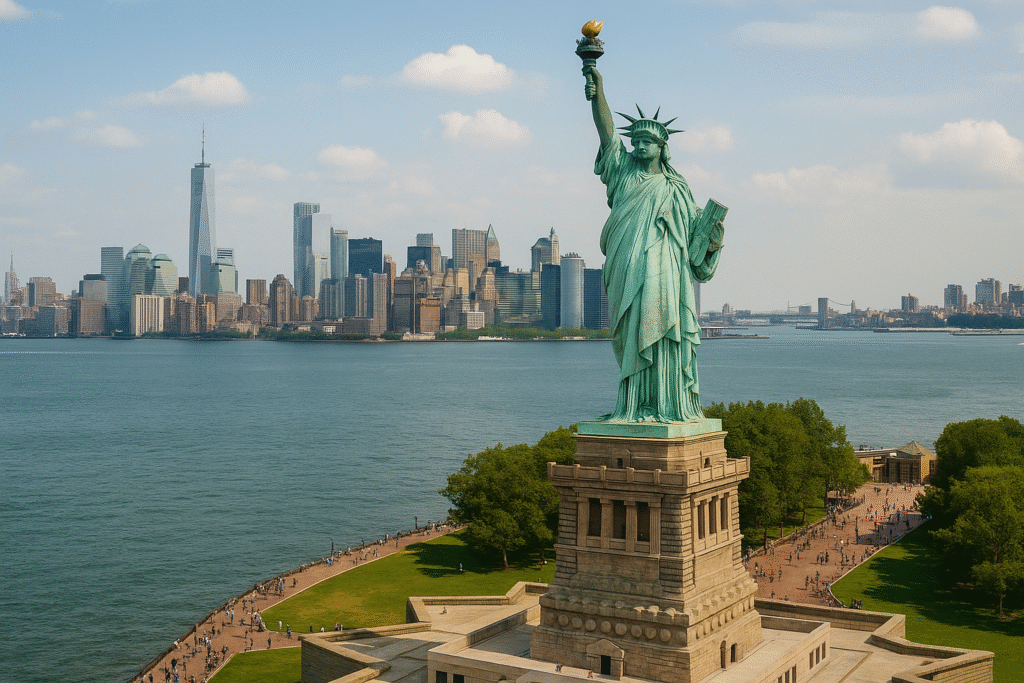 Statue of Liberty with the Manhattan skyline in the background on a clear day, viewed from Liberty Island.