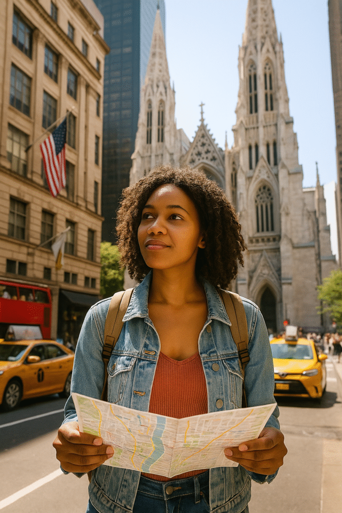 Young woman holding a city map while exploring Midtown Manhattan near St. Patrick’s Cathedral.