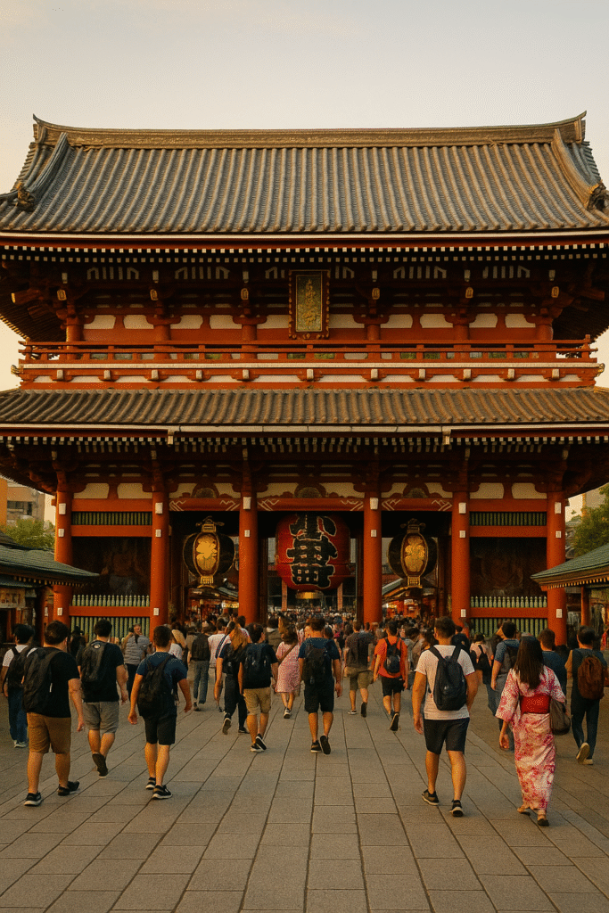View of Tokyo Skytree towering above the Senso-ji Temple gate and bustling Nakamise shopping street filled with people under a bright blue sky.