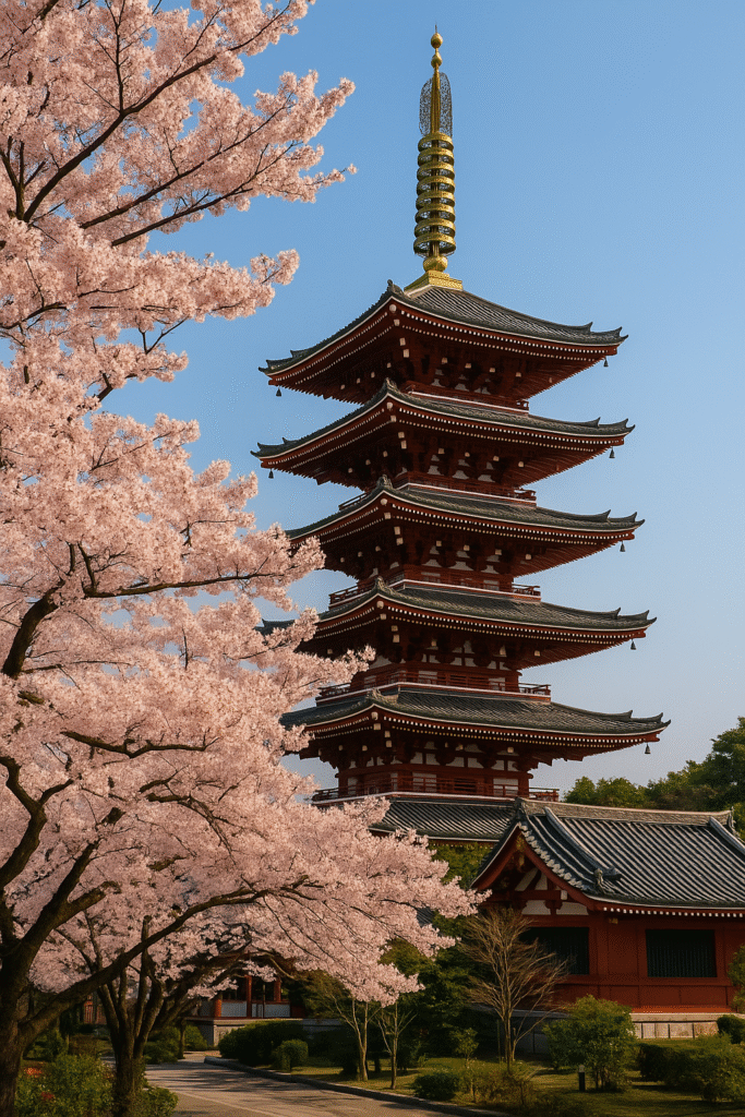 Twilight view of Tokyo Tower glowing orange against the evening city skyline, surrounded by skyscrapers and a colorful sunset sky.