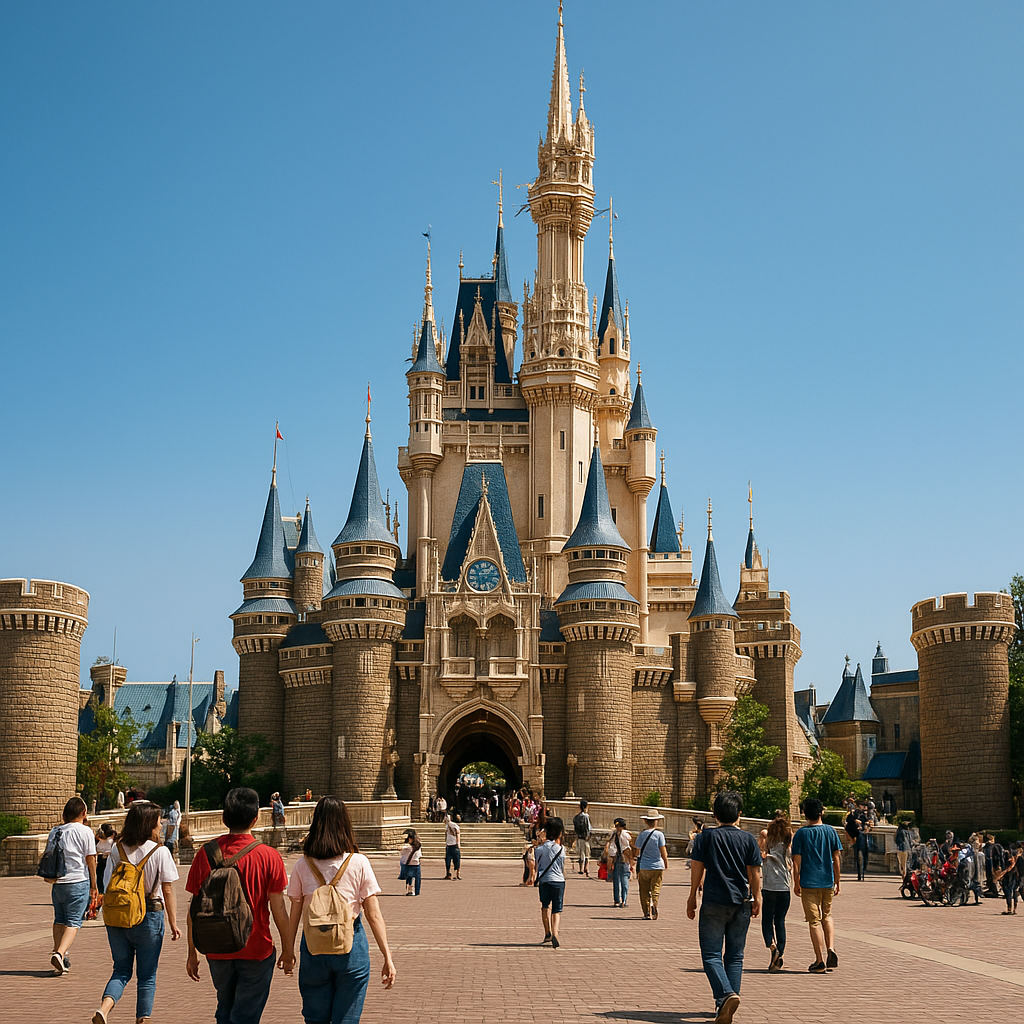 Cinderella Castle at Tokyo Disneyland on a sunny day with visitors walking through the main plaza.