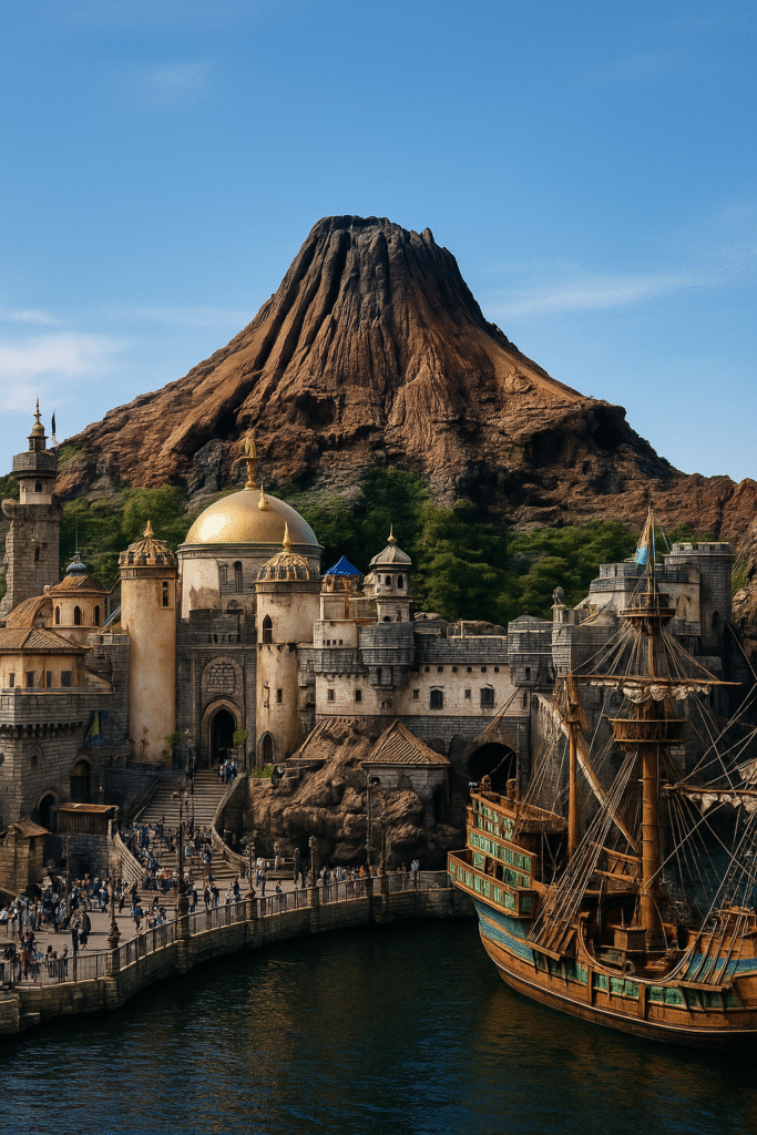 Mount Prometheus rising over Mediterranean Harbor at Tokyo DisneySea, with pirate ships and themed architecture reflected in the wate