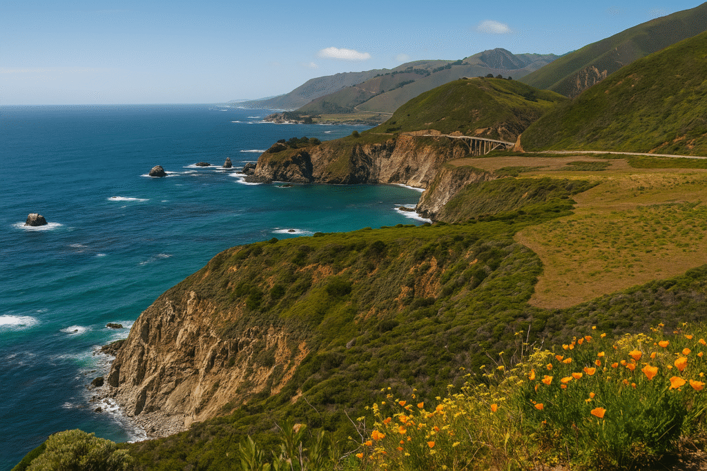 Scenic view of Big Sur coastline along California's Highway 1 with cliffs, turquoise waters, and wildflowers.