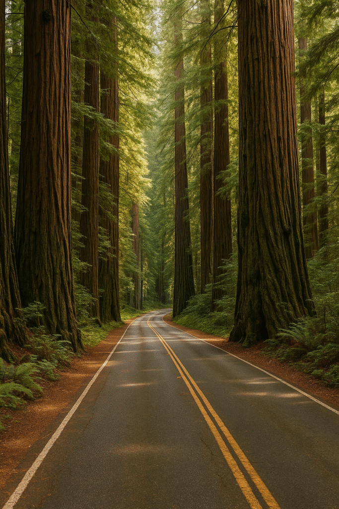 Two-lane road winding through a dense redwood forest in California with sun filtering through tall trees.