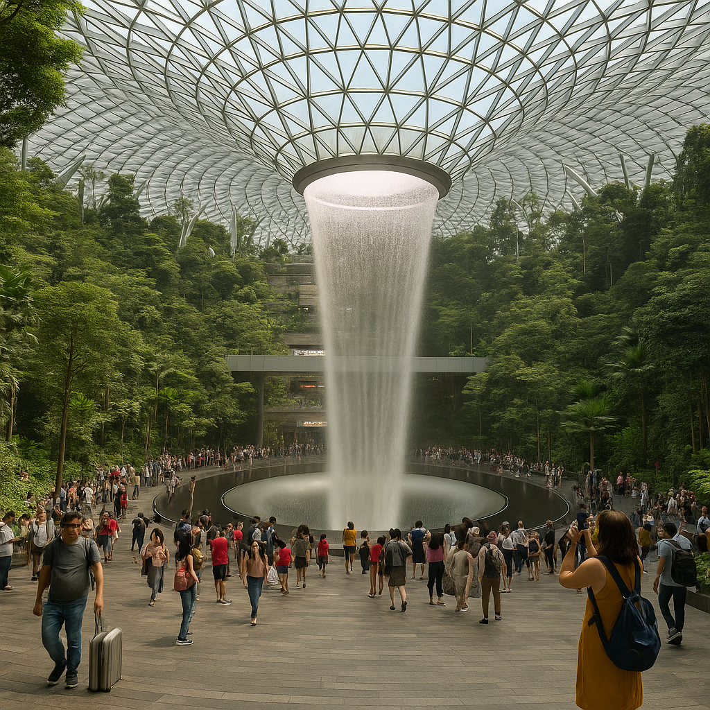 Travelers gathering around the Rain Vortex waterfall inside Jewel Changi Airport, surrounded by lush greenery and modern architecture.