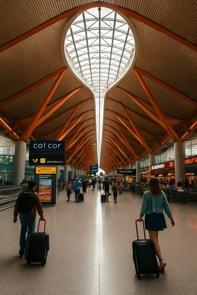 Passenger walking with luggage through a spacious airport terminal with striking orange roof beams and skylights above.