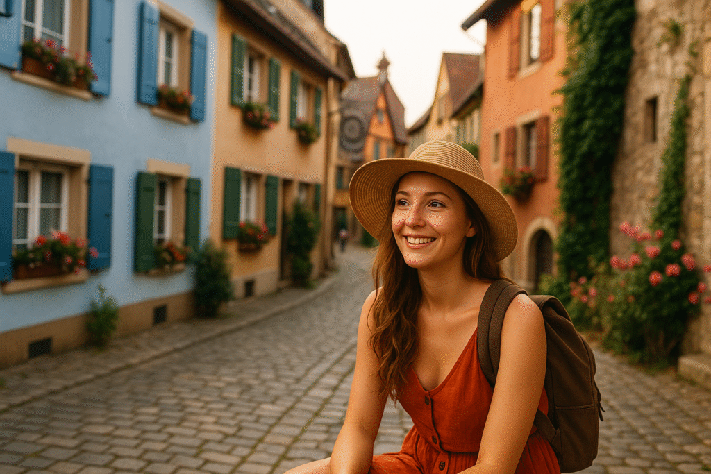 Female solo traveler walking with a suitcase and backpack through a narrow cobblestone street lined with historic buildings and flower boxes.