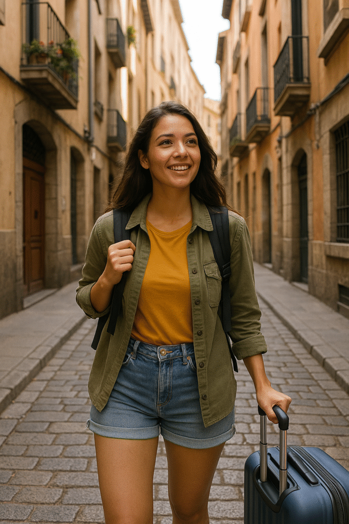 Solo female traveler wearing a sleeveless dress and straw hat sitting on a cobblestone street in a colorful European town during golden hour.