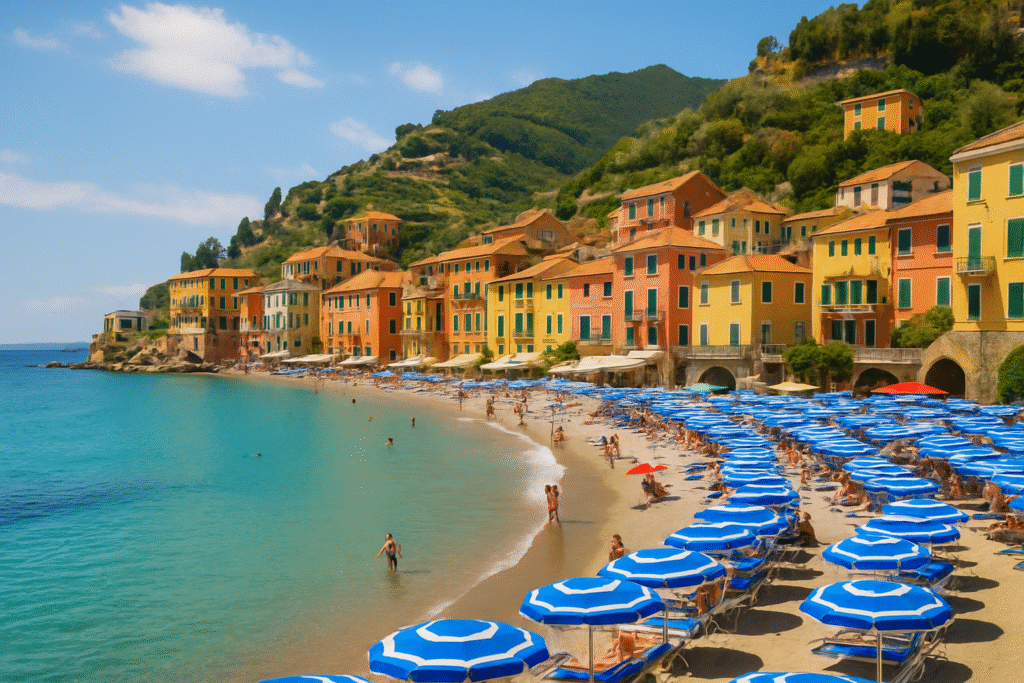 Sunset over a quiet European beach town with terracotta rooftops and golden light reflecting off the sea.