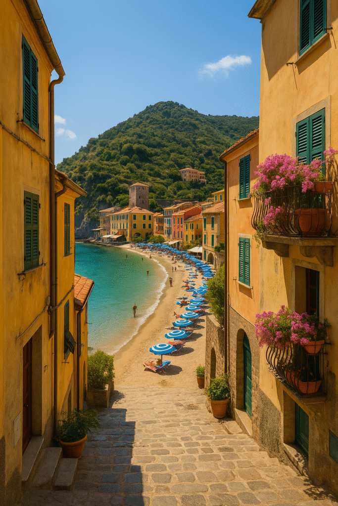 Stone-paved alleyway between Mediterranean houses leading to a turquoise beach with sunbathers and umbrellas, framed by a green mountain.