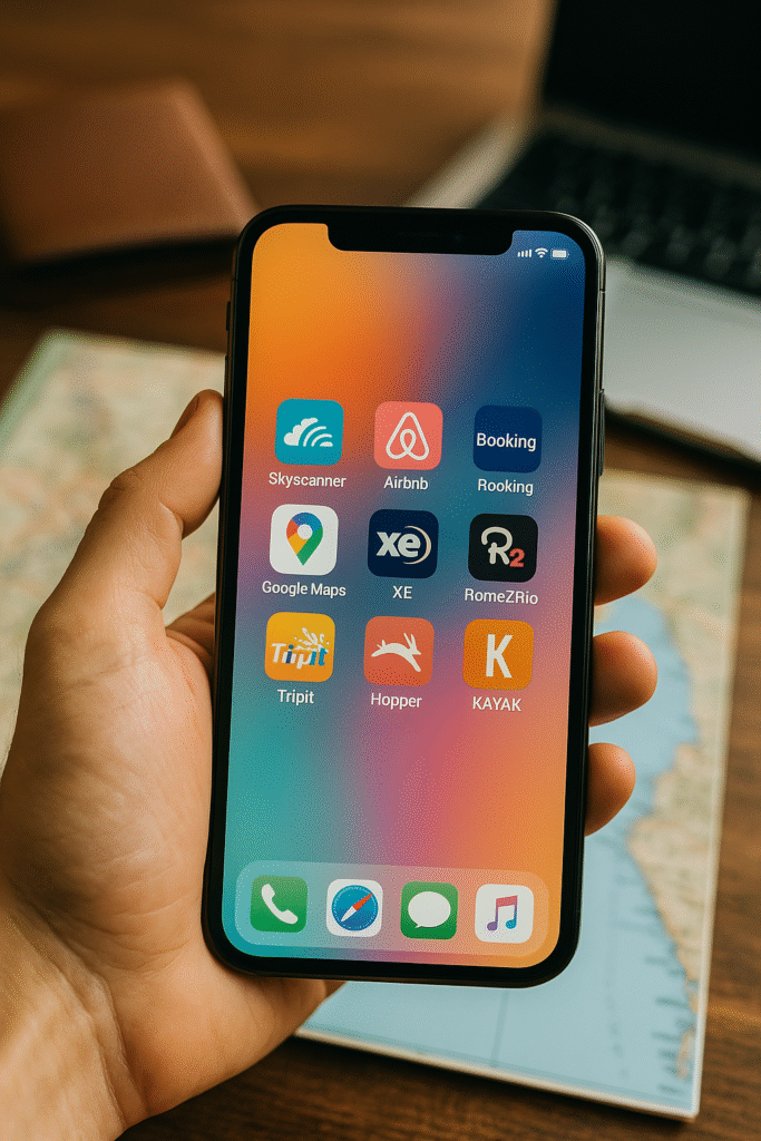 Close-up of a person holding a smartphone showing popular travel apps like Skyscanner, Airbnb, TripIt, and Hopper, with a travel map and wallet in the background.