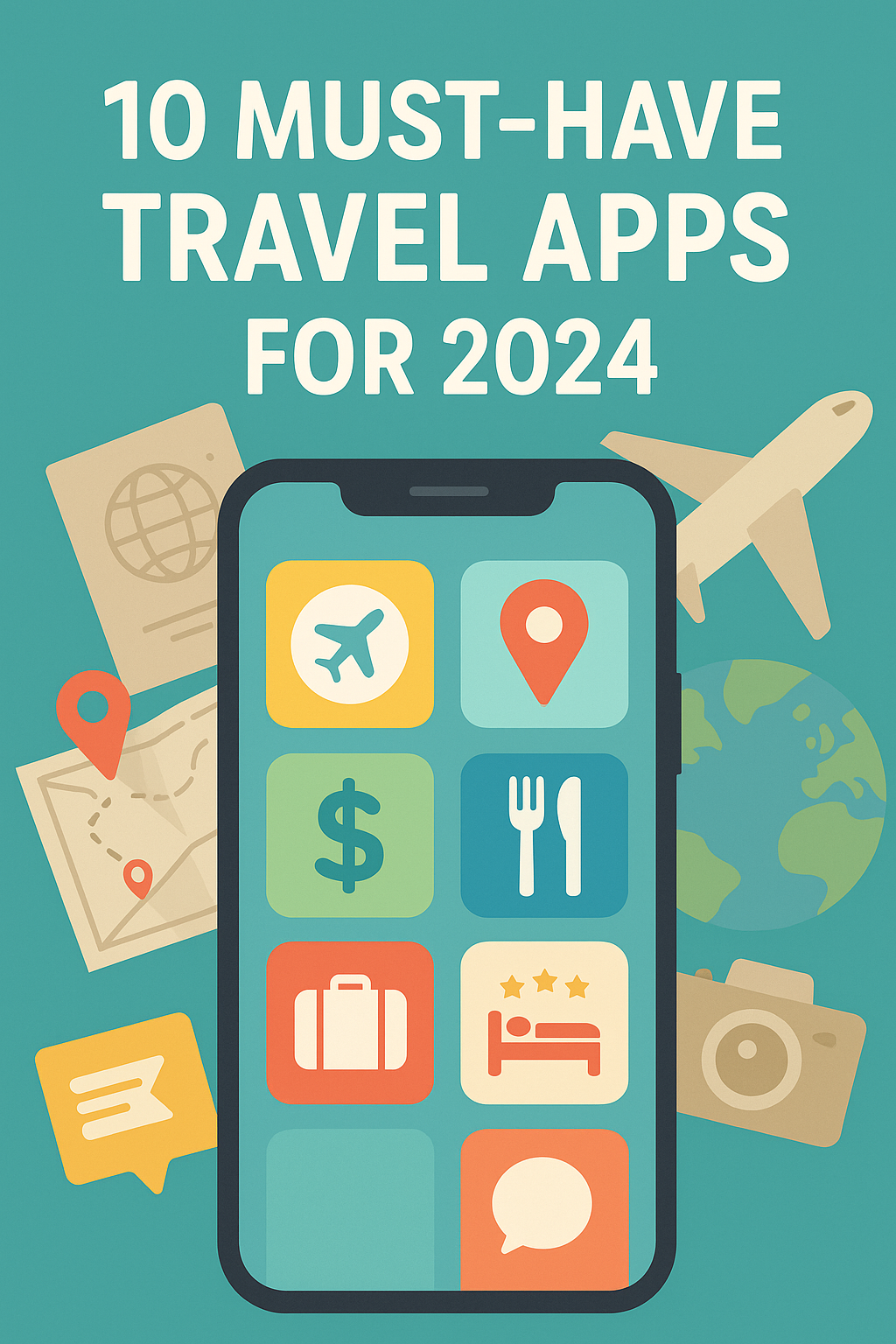 Illustrated smartphone screen displaying travel-related app icons including airplane, map, money, and hotel, surrounded by travel symbols like globe and passport on a teal background.