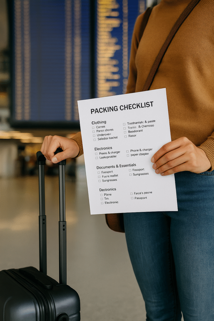 Solo female traveler wearing a backpack and holding a travel checklist while looking at a large departure board inside a modern airport terminal.