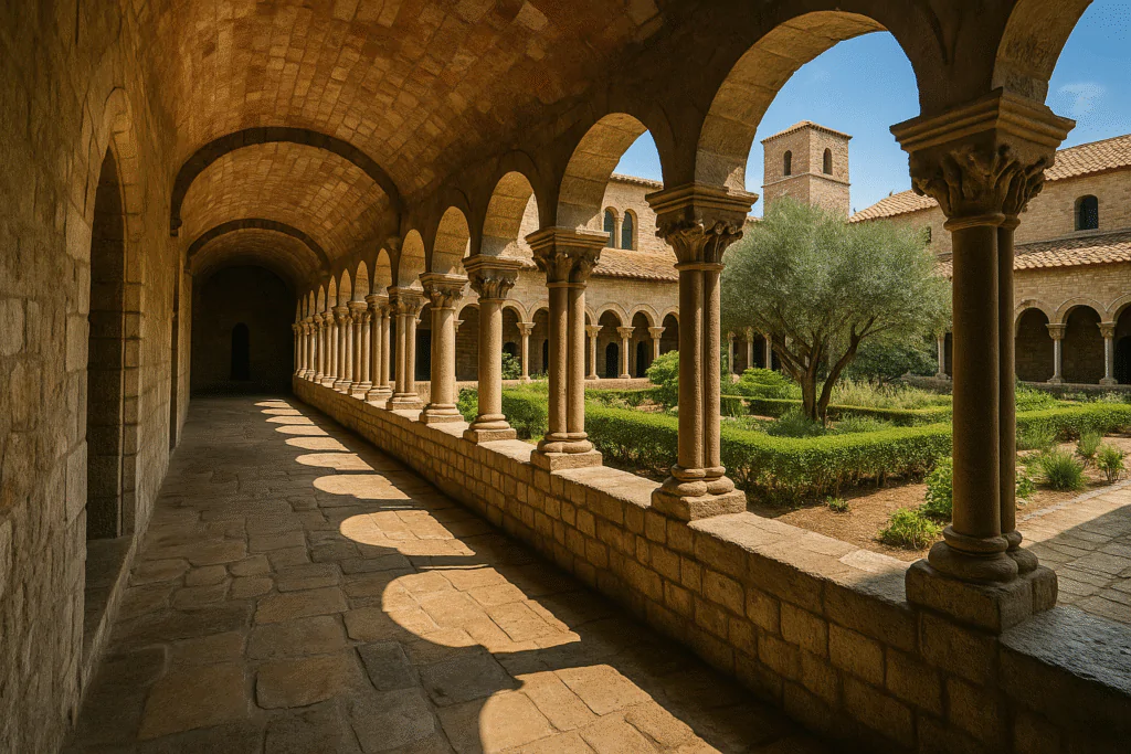 Stone cloister with Romanesque arches and garden courtyard in Barcelona, lit by soft sunlight and framed by carved columns.