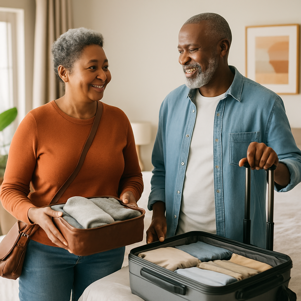 Happy mature couple packing a suitcase together in a cozy bedroom, smiling while preparing for their trip.