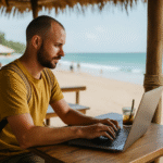 Digital nomad working on laptop at tropical beach café with ocean view, balancing remote work and travel lifestyle."
