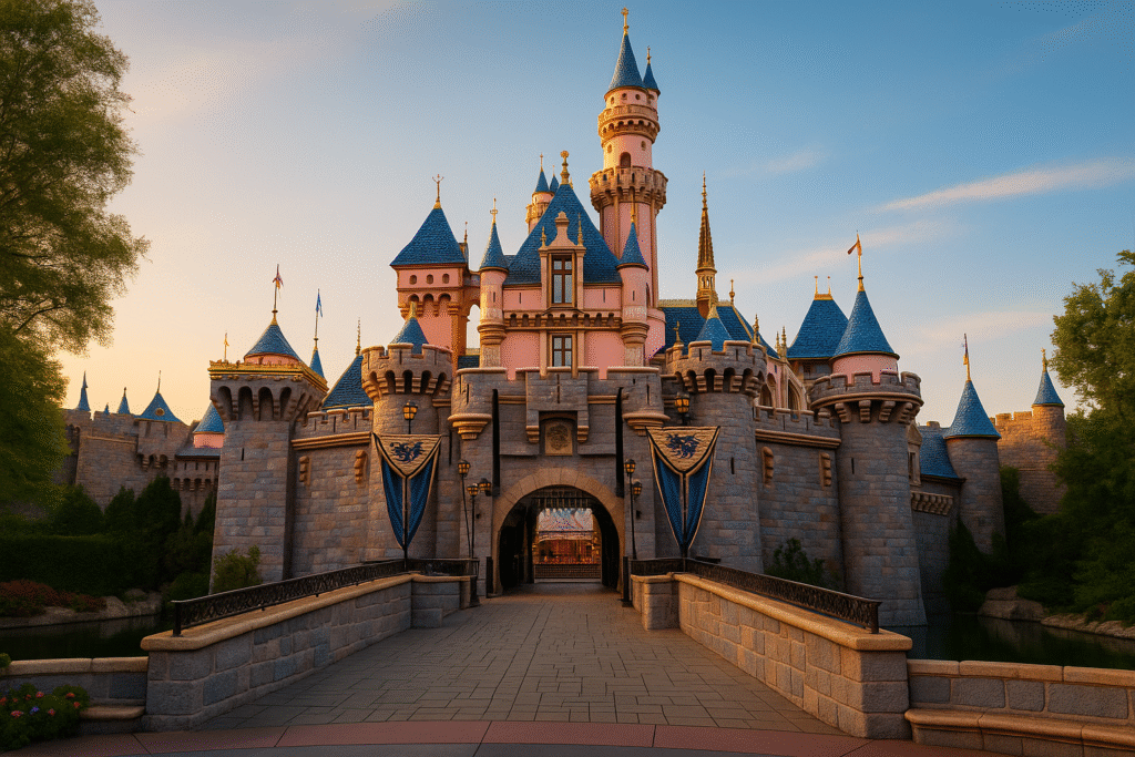 Sunset at Sleeping Beauty Castle in Disneyland California with warm lighting and an empty pathway leading to the entrance.