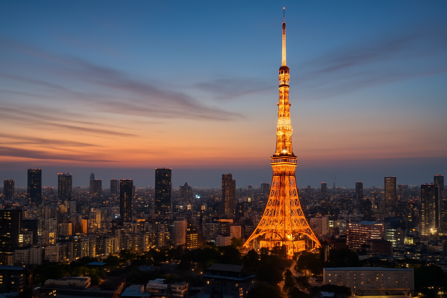 Five-story pagoda in Tokyo framed by blooming cherry blossom trees under a clear blue sky in spring.