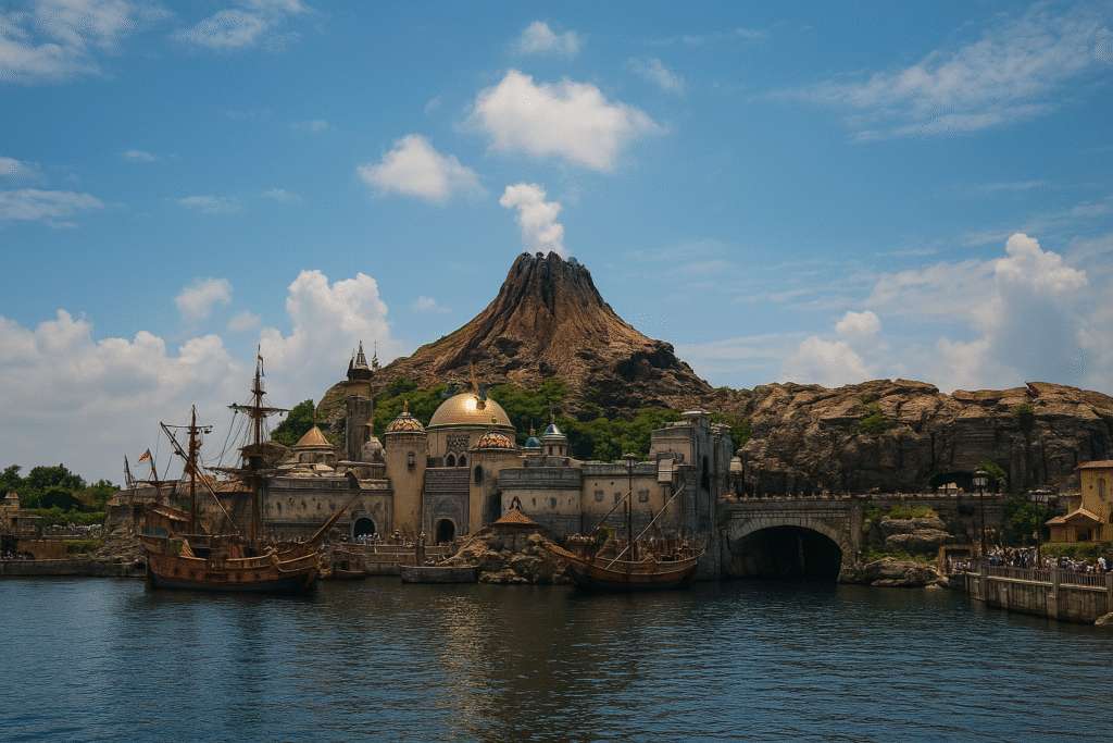 Vertical view of Mediterranean Harbor at Tokyo DisneySea with a sailing ship and golden domes in front of Mount Prometheus.