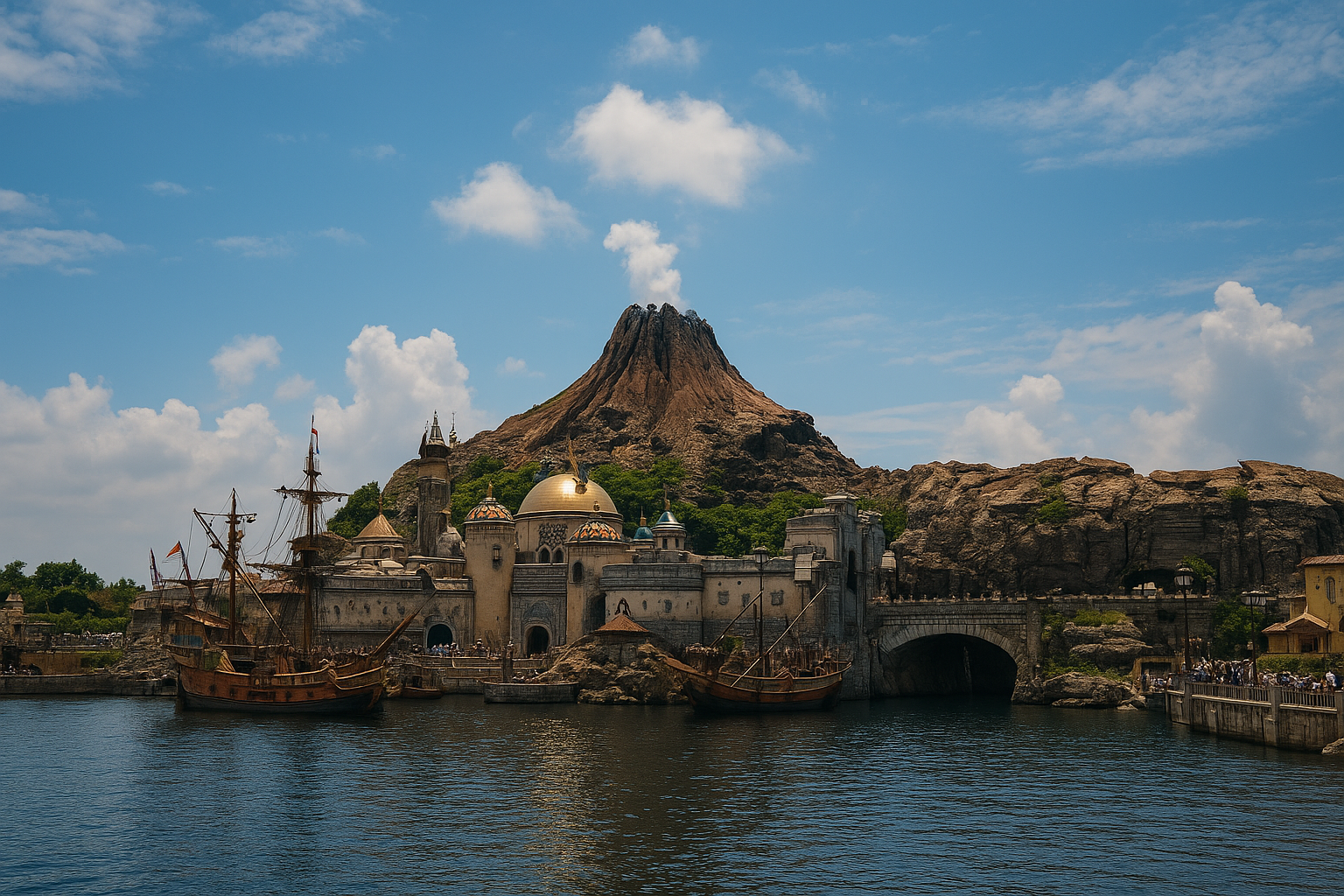 Vertical view of Mediterranean Harbor at Tokyo DisneySea with a sailing ship and golden domes in front of Mount Prometheus.