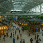 Interior of Incheon International Airport with traditional Korean pavilions and modern monorail passing above a crowded terminal.