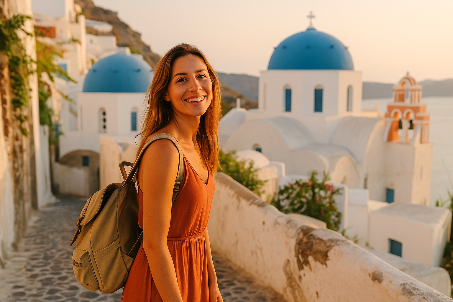 Young woman with a backpack smiling in front of the iconic blue-domed churches of Santorini, Greece, under warm sunset light.