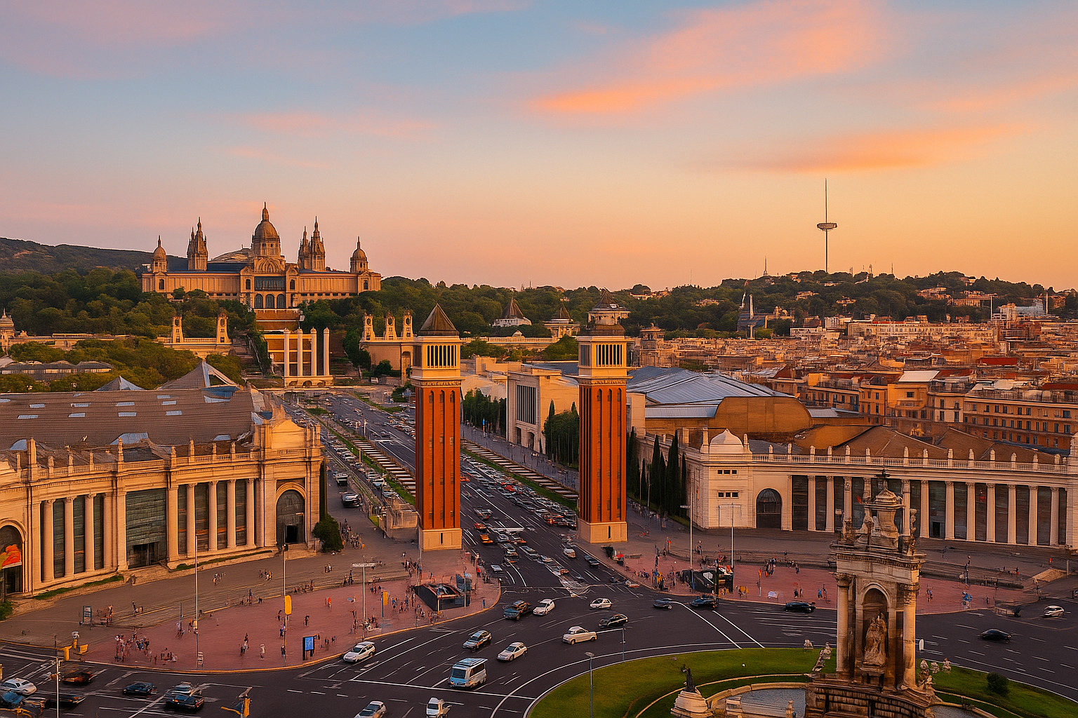 Panoramic view of Barcelona at golden hour, featuring the Venetian Towers and Palau Nacional with soft sunset light over the cityscape.