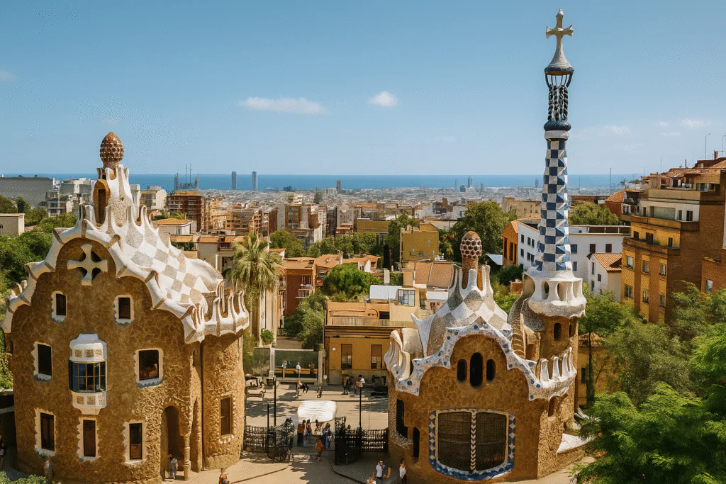 Pedestrians walking through a stone archway in Barcelona’s Gothic Quarter toward the Bridge of Sighs on a sunny day.