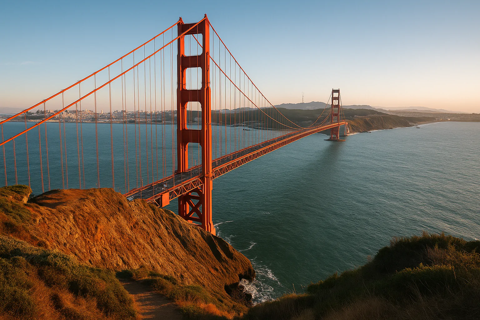 Golden Gate Bridge at golden hour viewed from the cliffs of Marin Headlands with San Francisco Bay in the background.