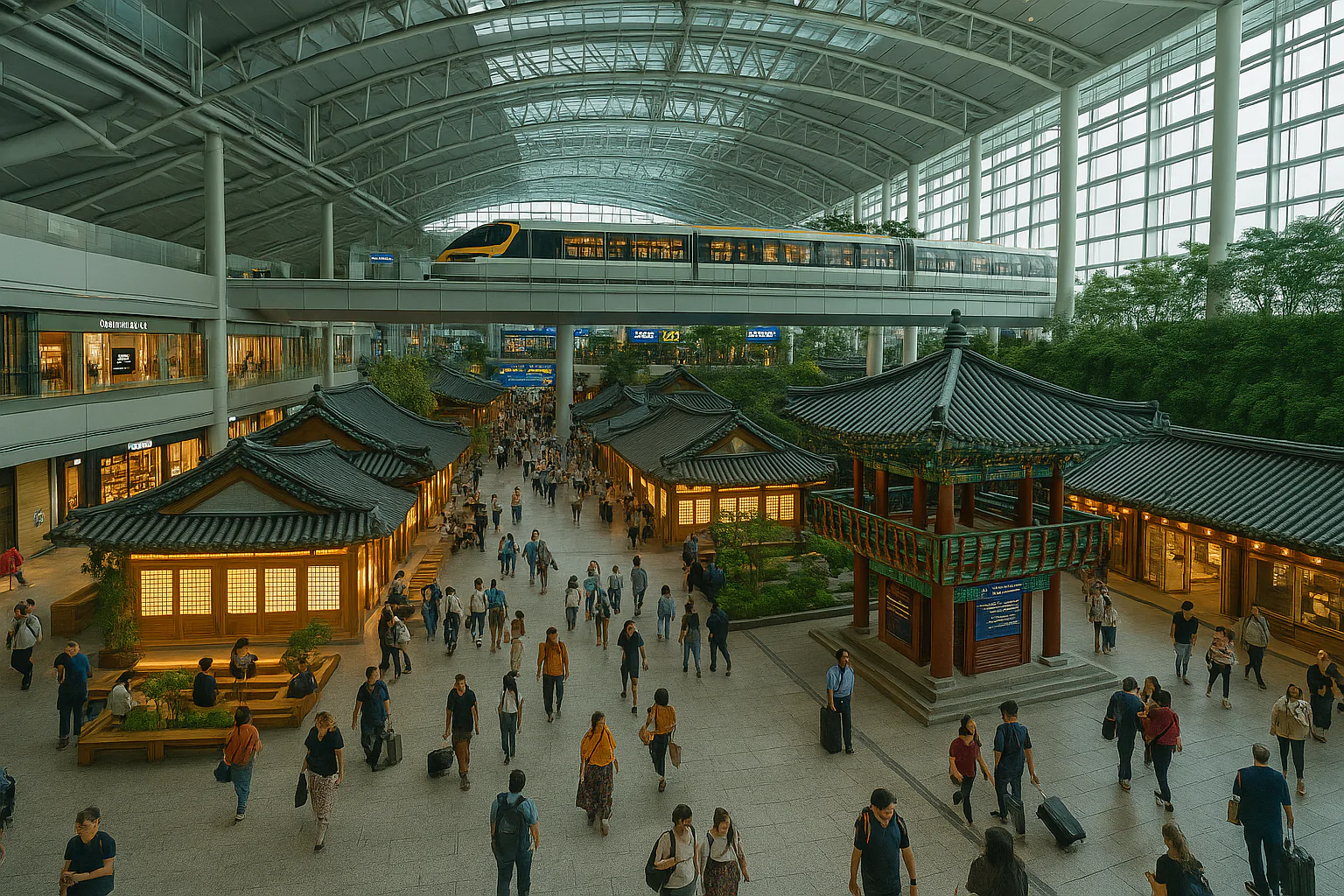 Interior of Incheon International Airport with traditional Korean pavilions and modern monorail passing above a crowded terminal.