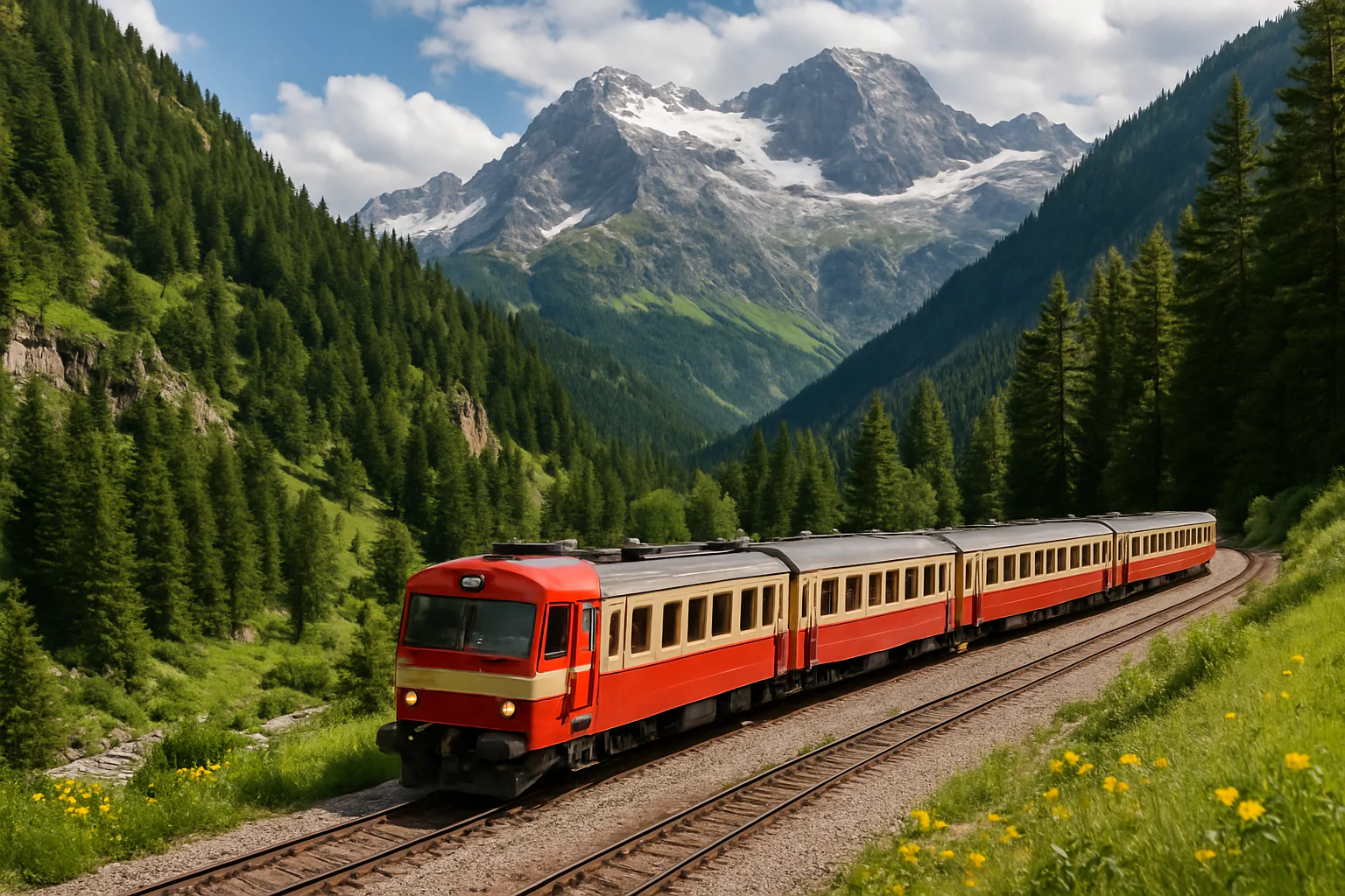 High-speed red and silver train parked at a European train station with a curved glass and iron canopy above.