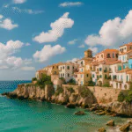 Colorful cliffside village overlooking a calm turquoise sea, with pastel buildings stacked along a rocky coast under a bright blue sky with scattered clouds.