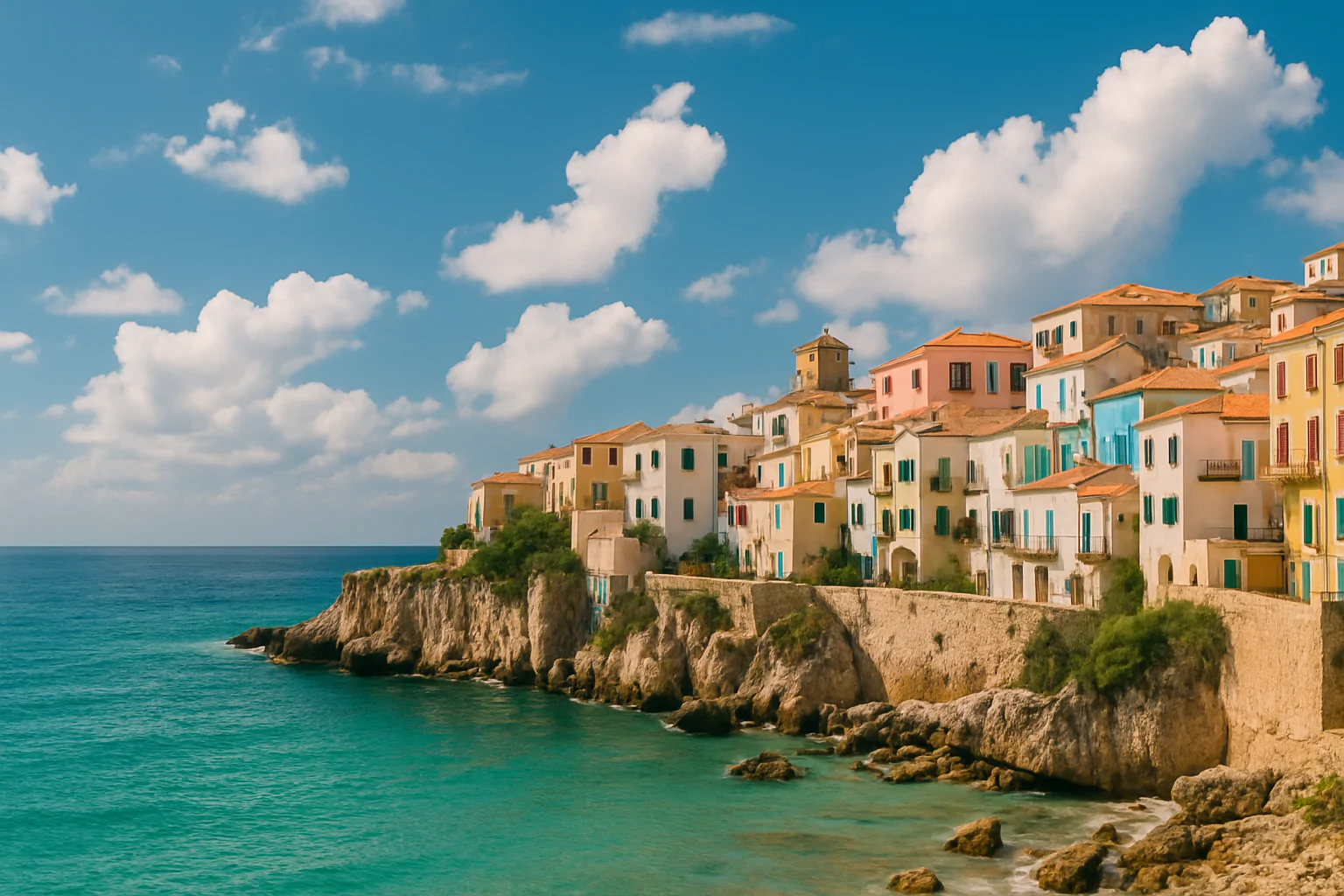 Colorful cliffside village overlooking a calm turquoise sea, with pastel buildings stacked along a rocky coast under a bright blue sky with scattered clouds.