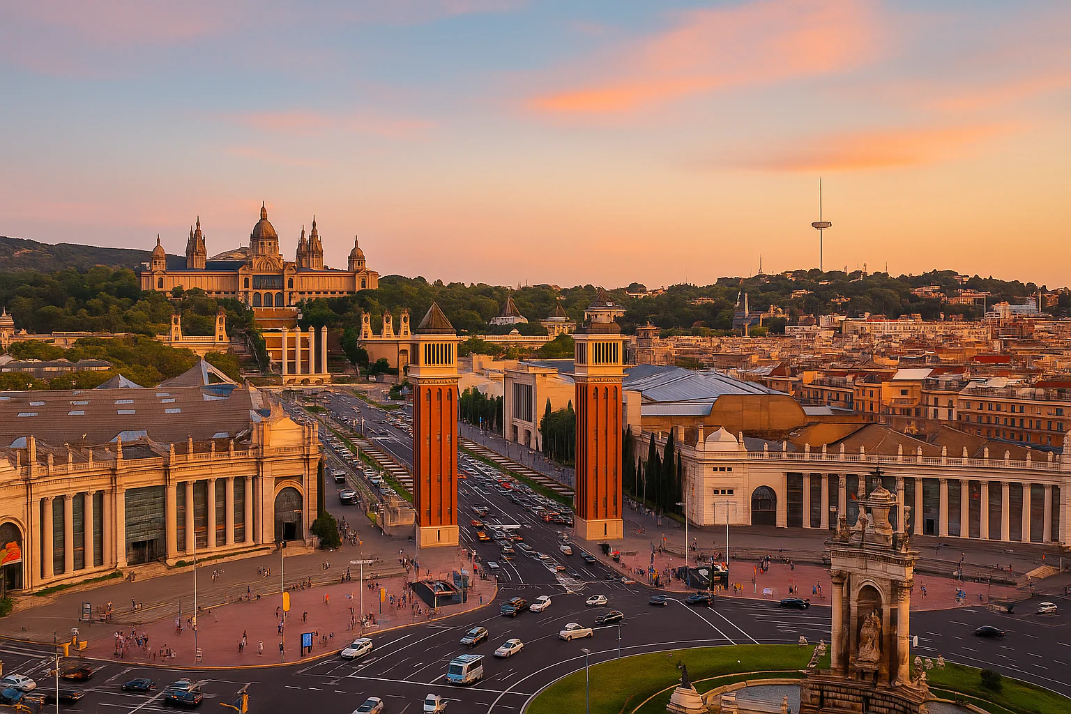 Panoramic view of Barcelona at golden hour, featuring the Venetian Towers and Palau Nacional with soft sunset light over the cityscape.