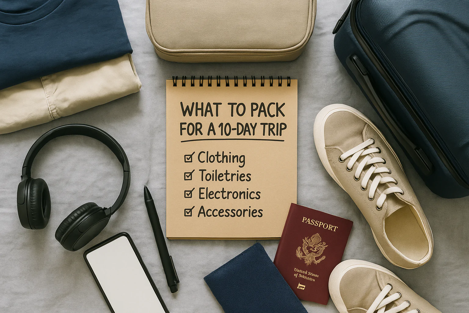 Traveler standing at an airport check-in counter holding a printed packing checklist and a carry-on suitcase, with departure board visible in the background.